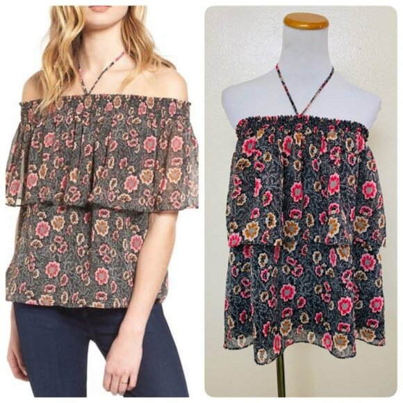 Rebecca Minkoff Tops - Rebecca Minkoff Ghiradelle Off Shoulder Halter Ruffled Top SMALL Floral Black